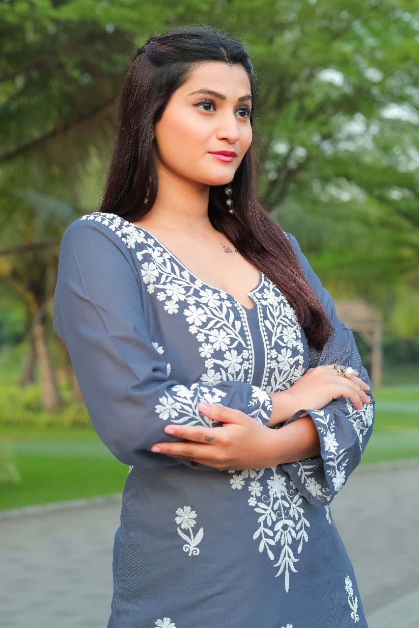 NAZ –  Elegant Chikankari Kurti Plazo Set Grey