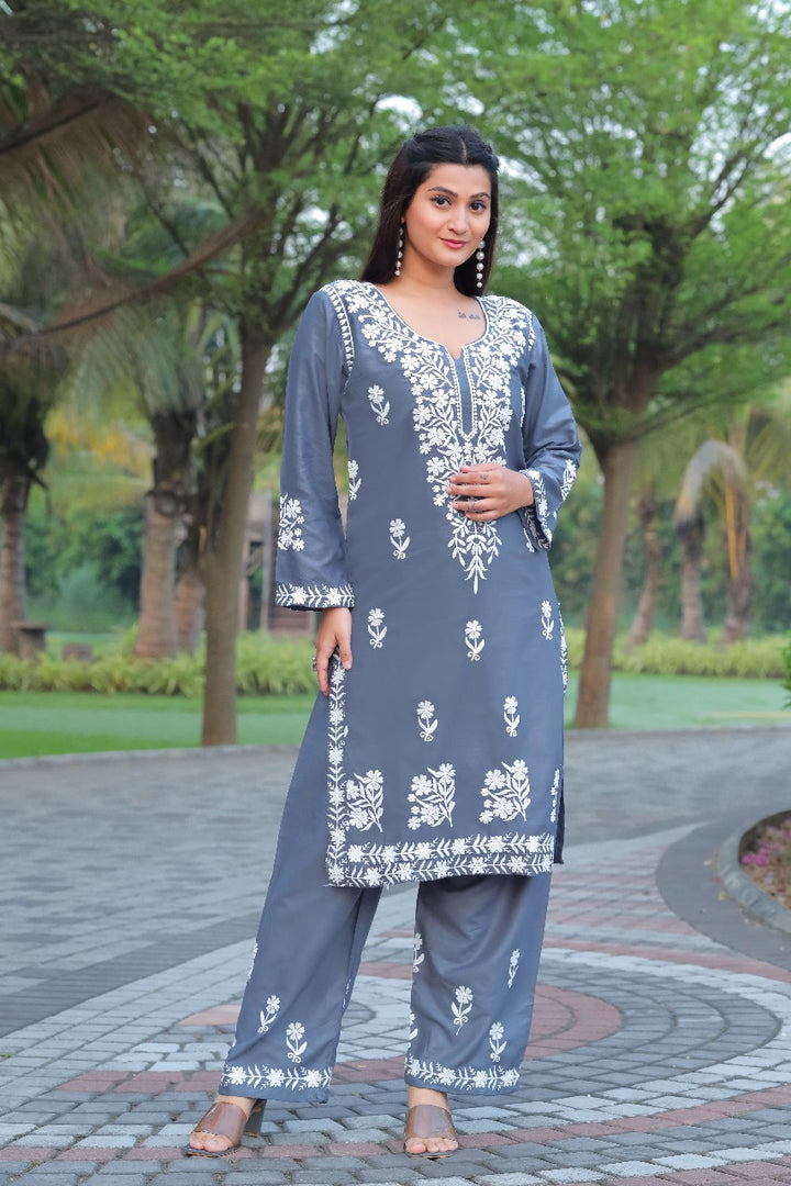 NAZ –  Elegant Chikankari Kurti Plazo Set Grey