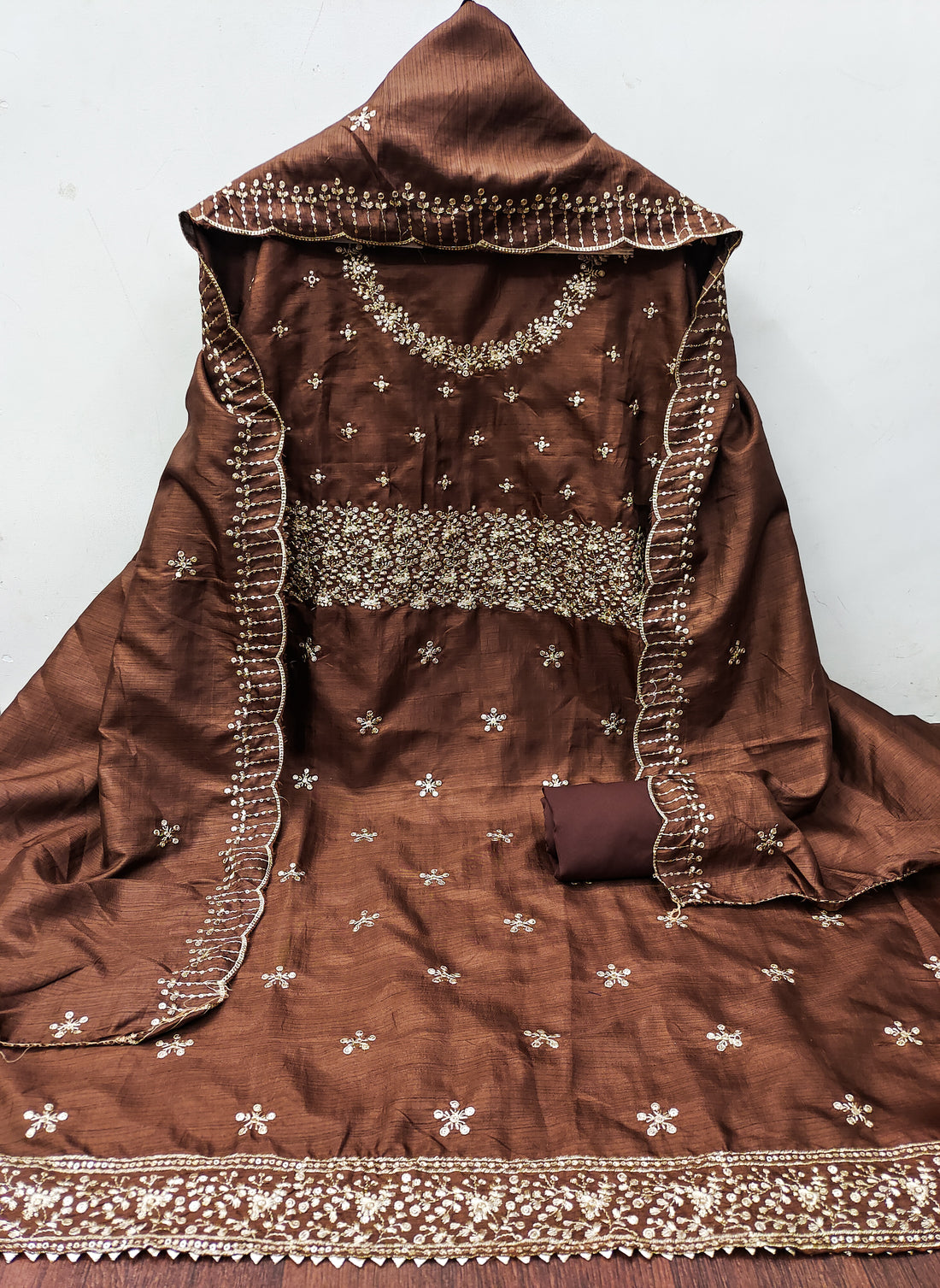 Brown Floral Embroidered Cotton Blend Dress Material.