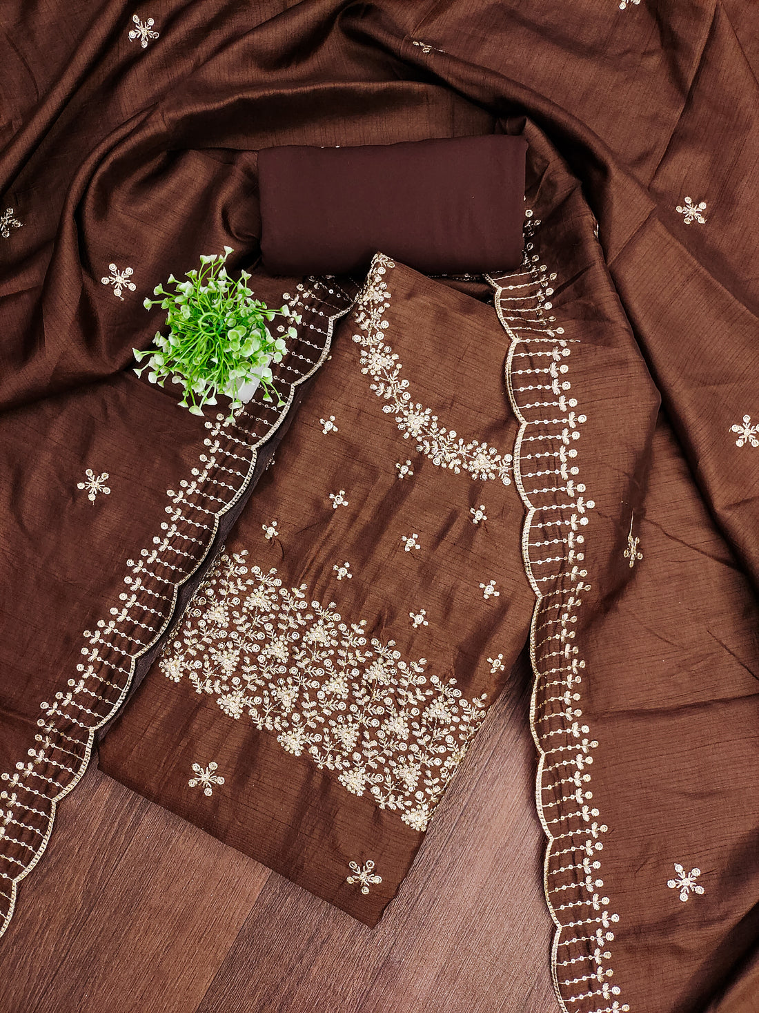 Brown Floral Embroidered Cotton Blend Dress Material.
