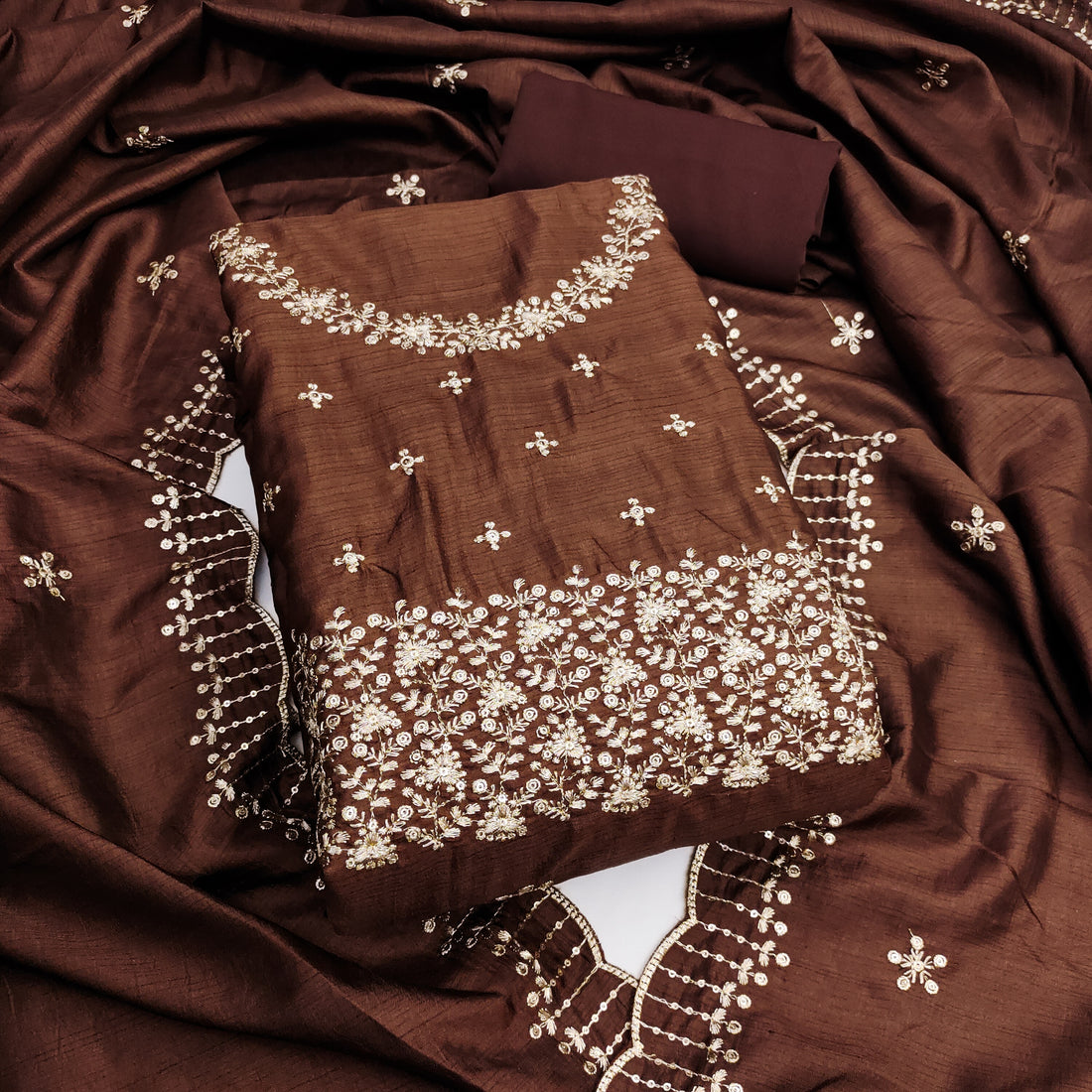 Brown Floral Embroidered Cotton Blend Dress Material.