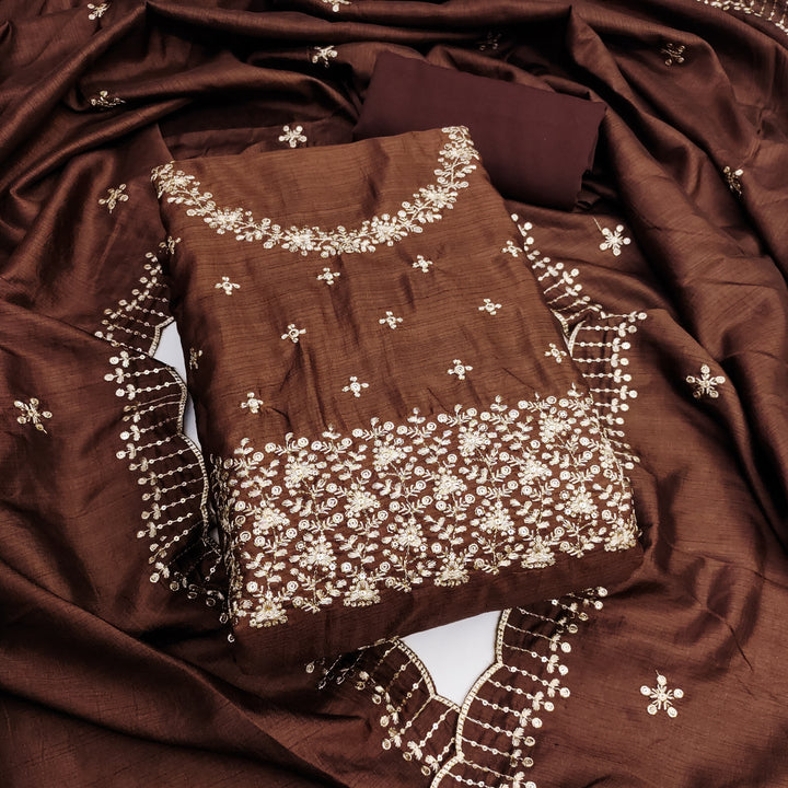 Brown Floral Embroidered Cotton Blend Dress Material.