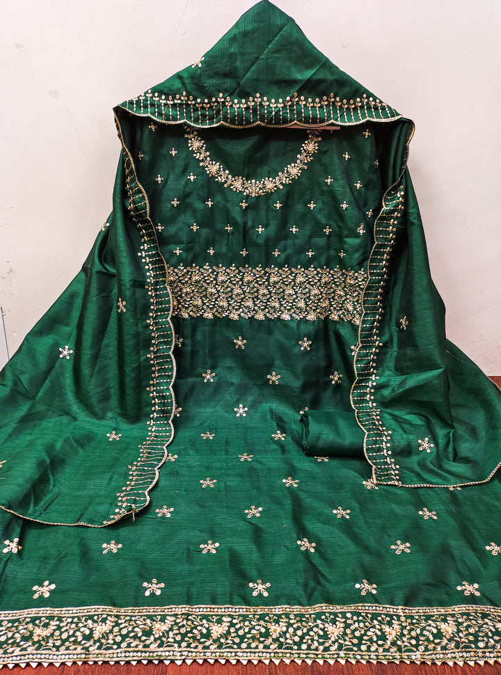 Green Floral Embroidered Cotton Blend Dress Material.
