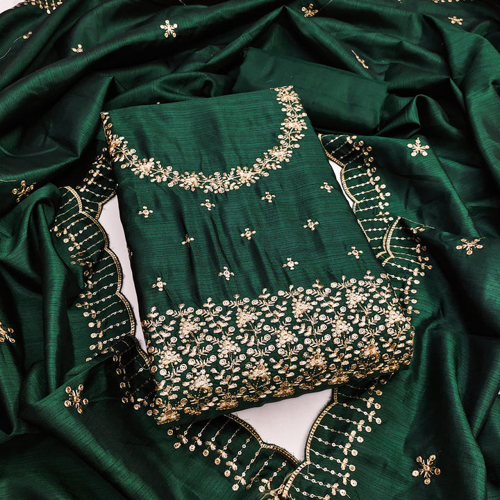Green Floral Embroidered Cotton Blend Dress Material.