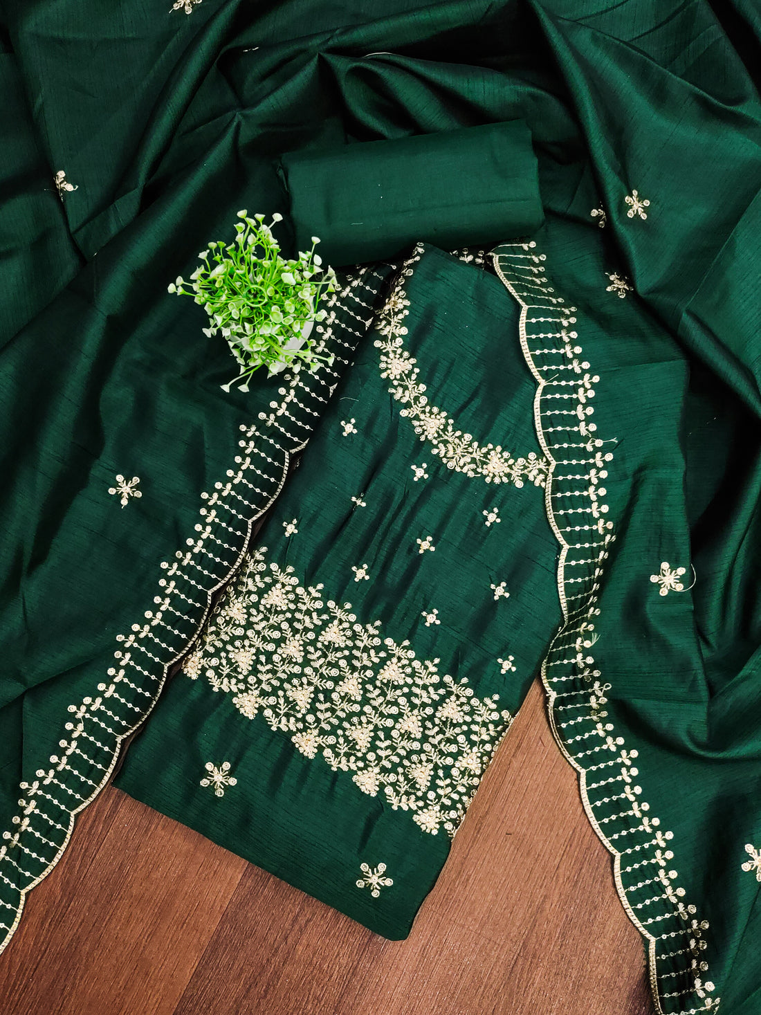 Green Floral Embroidered Cotton Blend Dress Material.