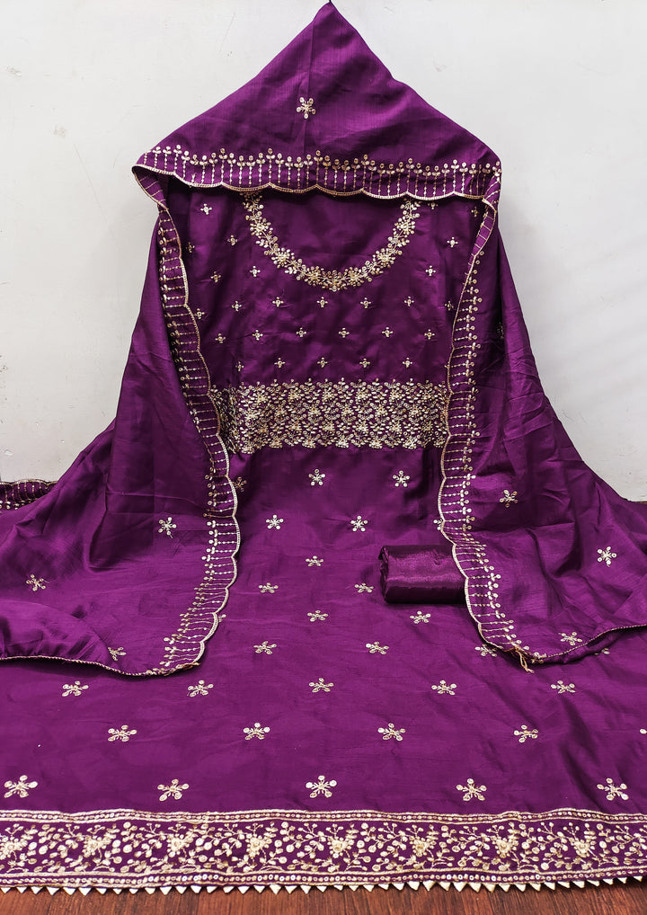 Wine Floral Embroidered Cotton Blend Dress Material.