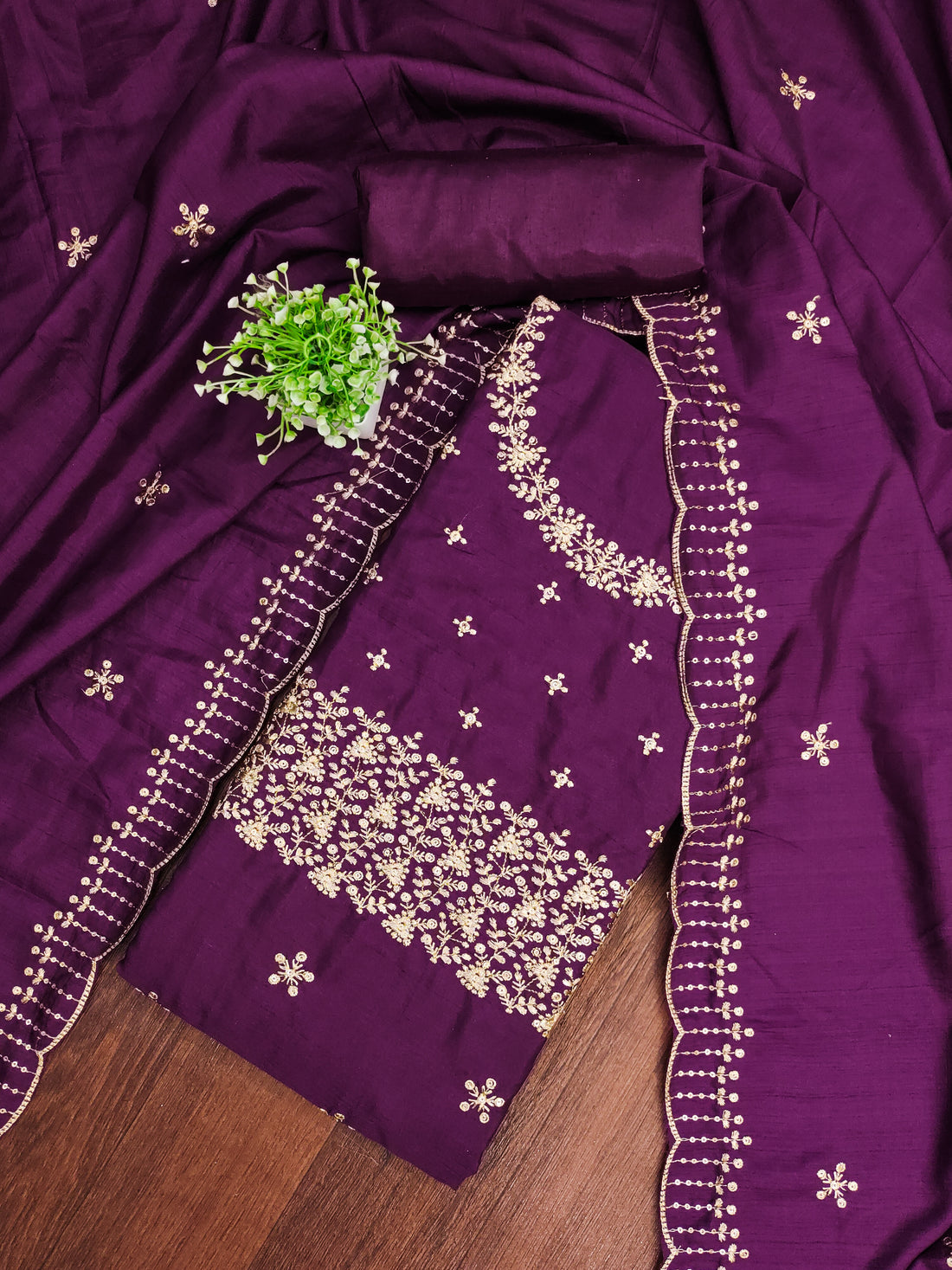 Wine Floral Embroidered Cotton Blend Dress Material.