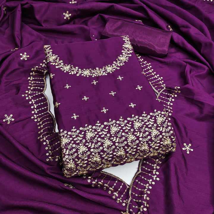 Wine Floral Embroidered Cotton Blend Dress Material.