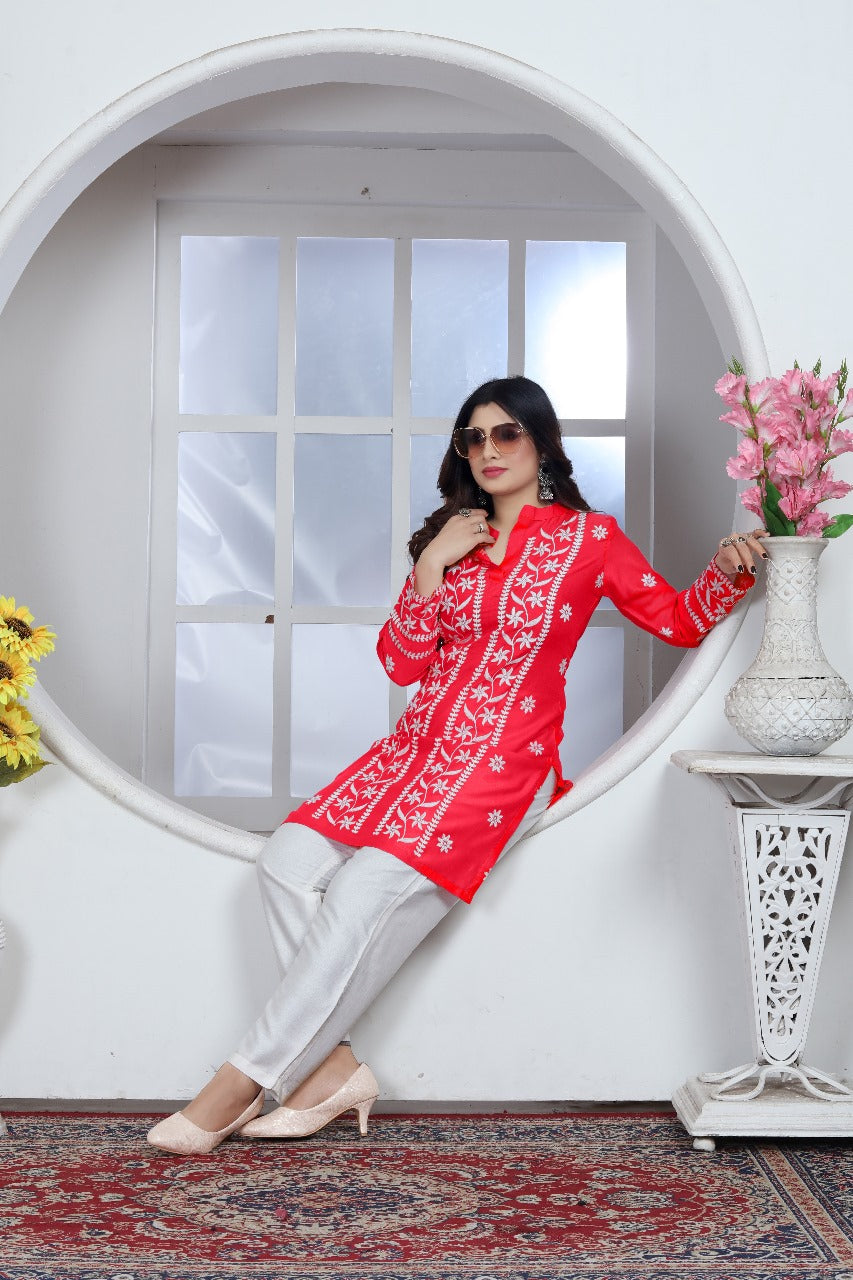 Avira – A blend of tradition and modernity Rayon Embroidery Top Kurti Red