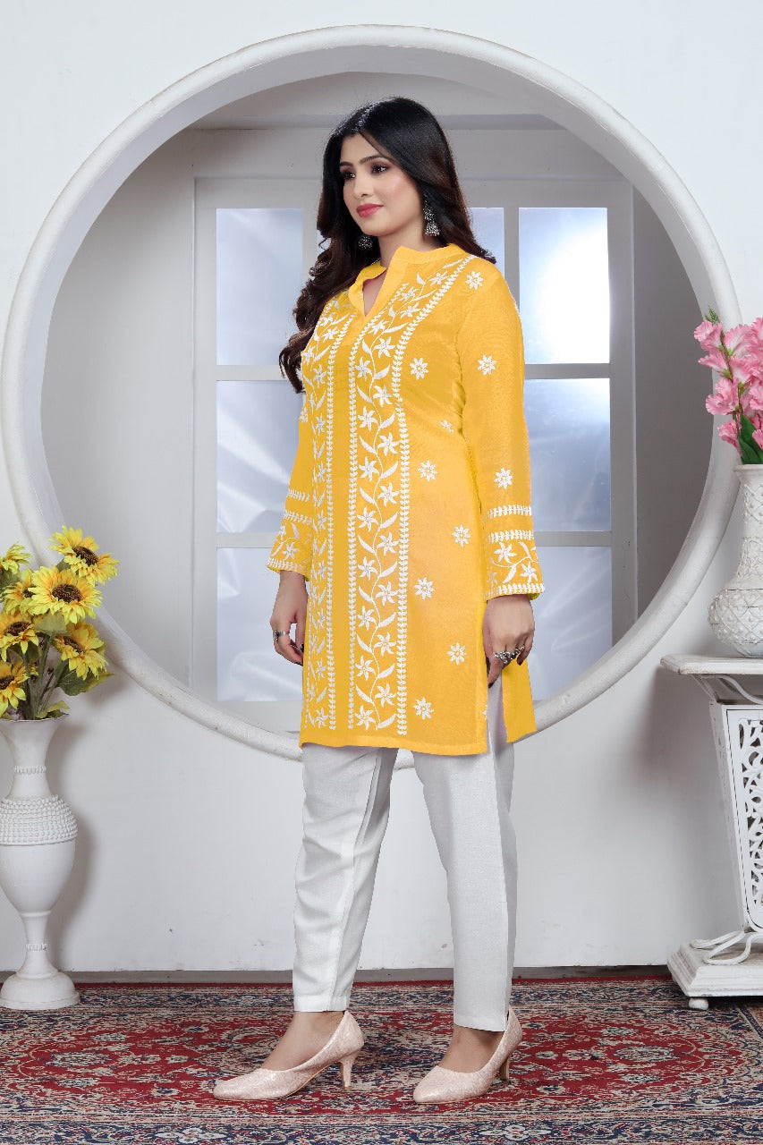 Avira – A blend of tradition and modernity Rayon Embroidery Top Kurti Yellow