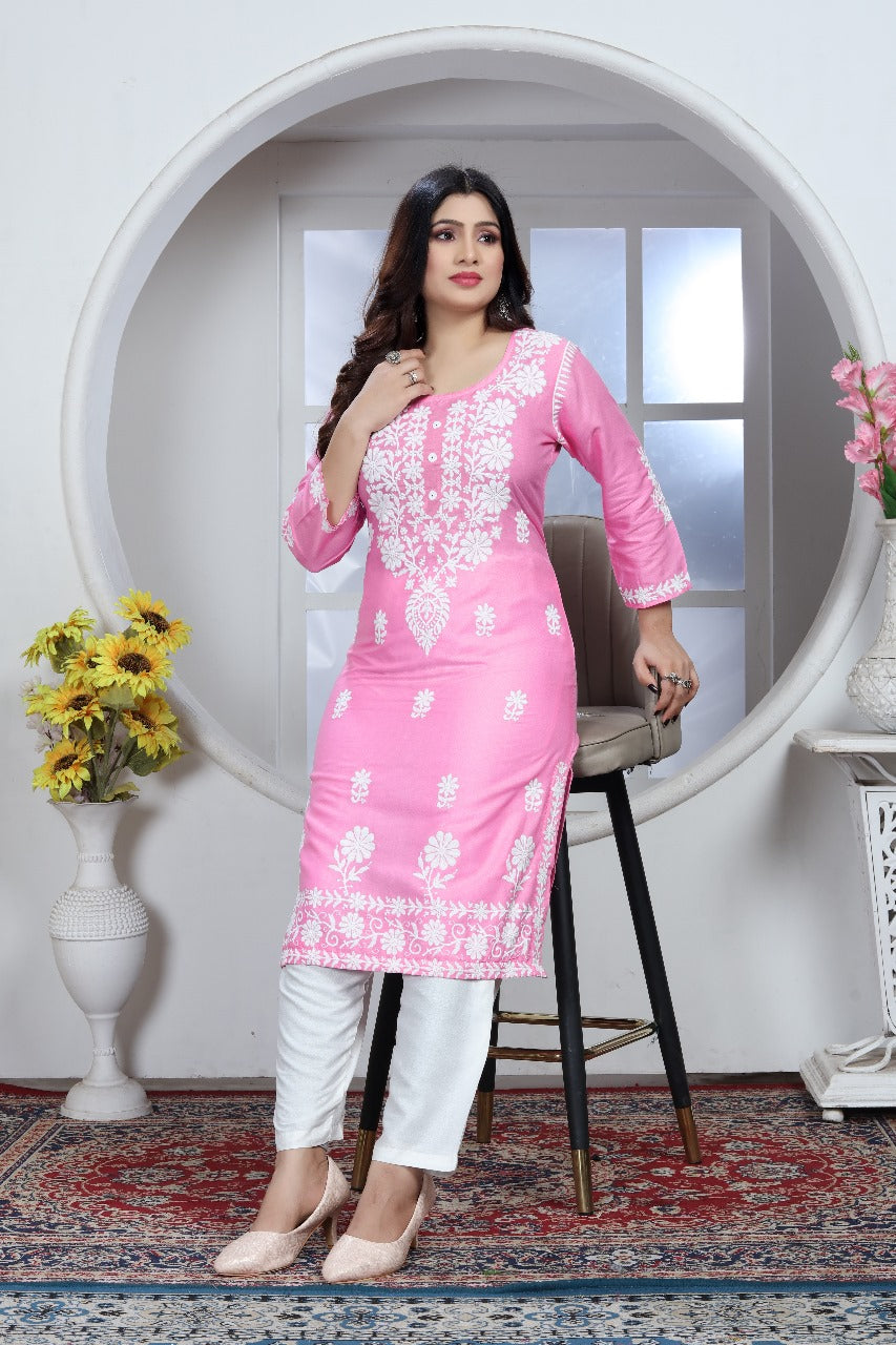 Sui Dhaga Chikankari Elegance Kurti Pant Set Pink