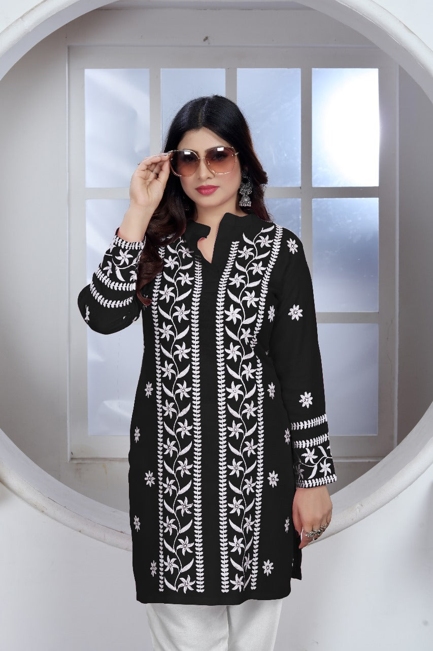 Avira – A blend of tradition and modernity Rayon Embroidery Top Kurti Black