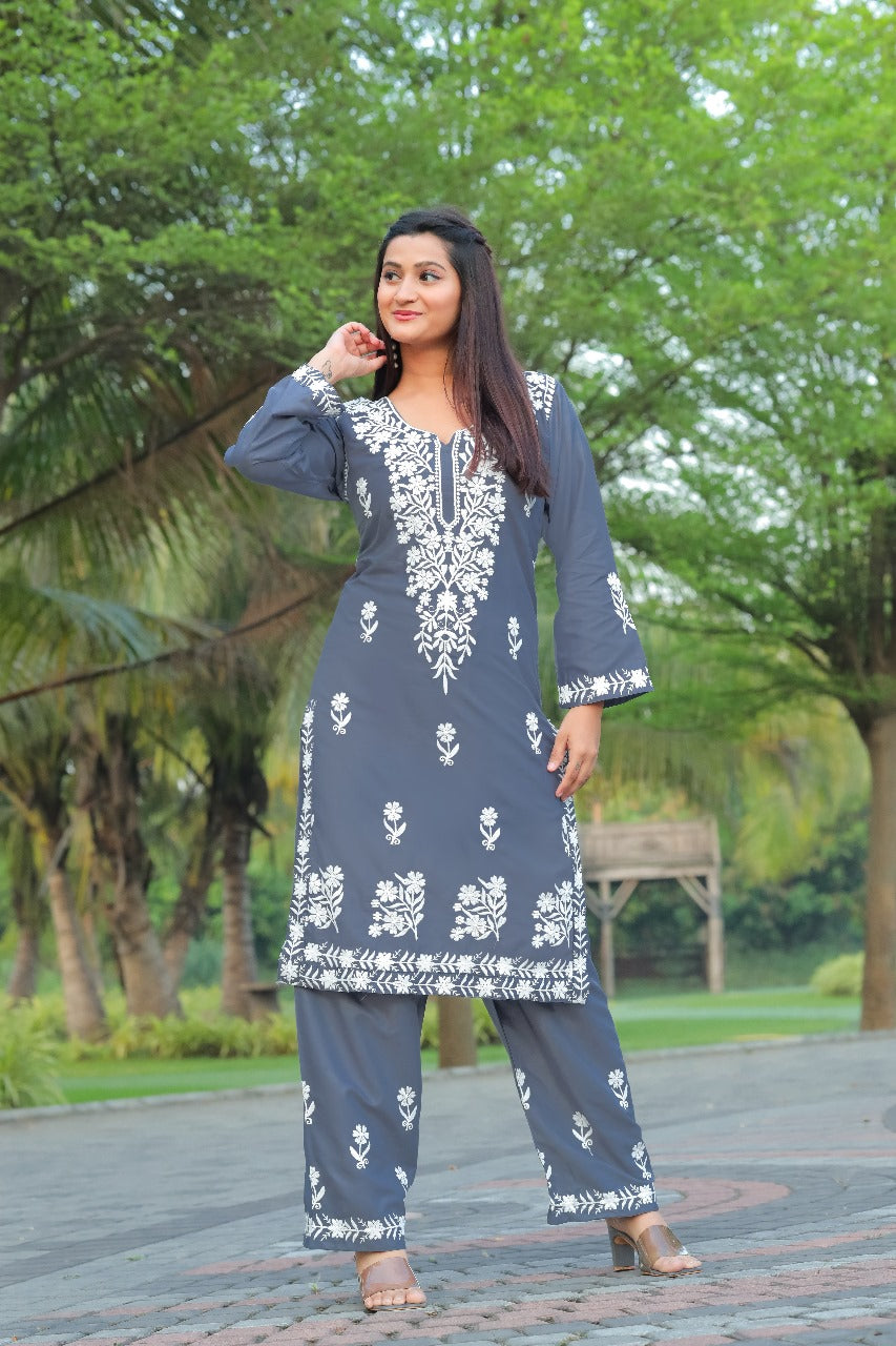 NAZ –  Elegant Chikankari Kurti Plazo Set Grey