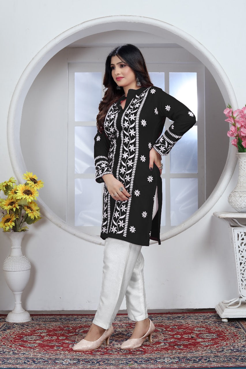 Avira – A blend of tradition and modernity Rayon Embroidery Top Kurti Black