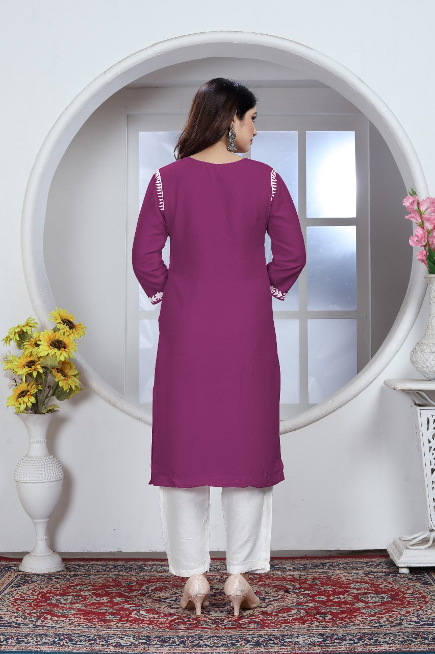 Sui Dhaga Chikankari Elegance Kurti Pant Set Purple