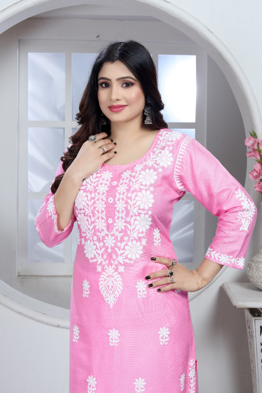 Sui Dhaga Chikankari Elegance Kurti Pant Set Pink