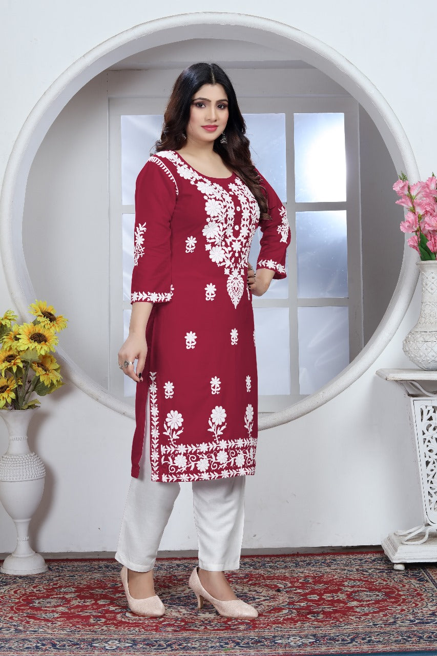 Sui Dhaga Chikankari Elegance Kurti Pant Set Maroon
