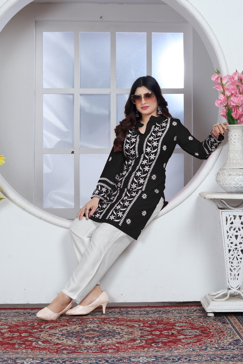 Avira – A blend of tradition and modernity Rayon Embroidery Top Kurti Black