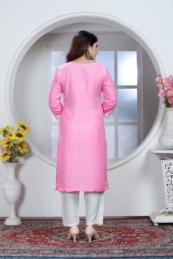 Sui Dhaga Chikankari Elegance Kurti Pant Set Pink