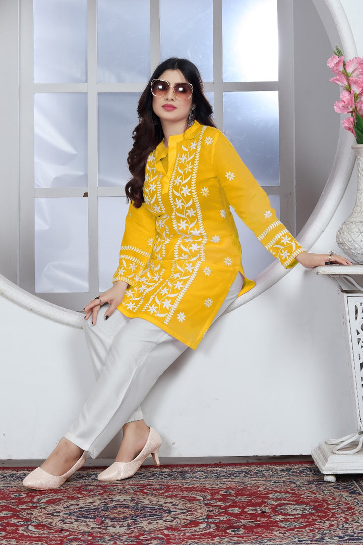 Avira – A blend of tradition and modernity Rayon Embroidery Top Kurti Yellow