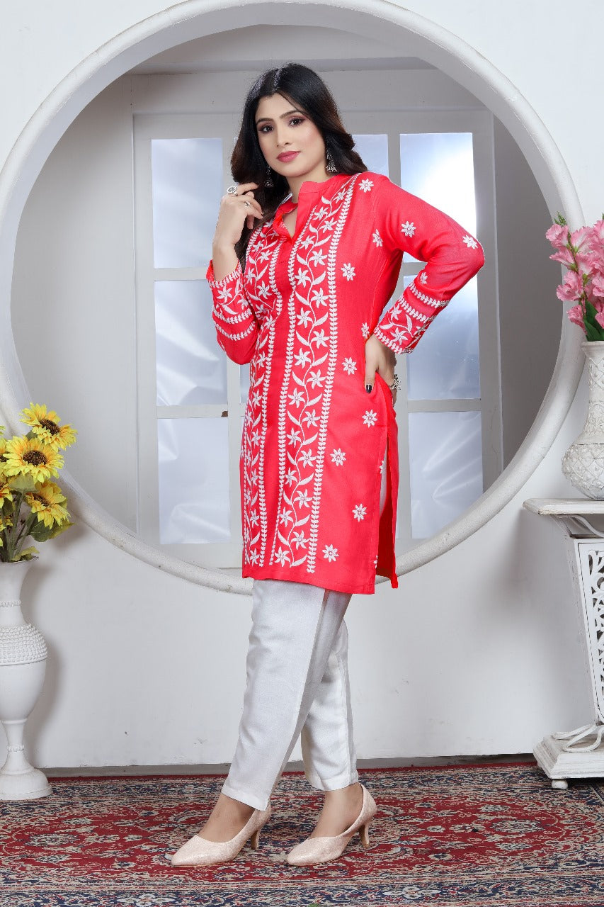 Avira – A blend of tradition and modernity Rayon Embroidery Top Kurti Red