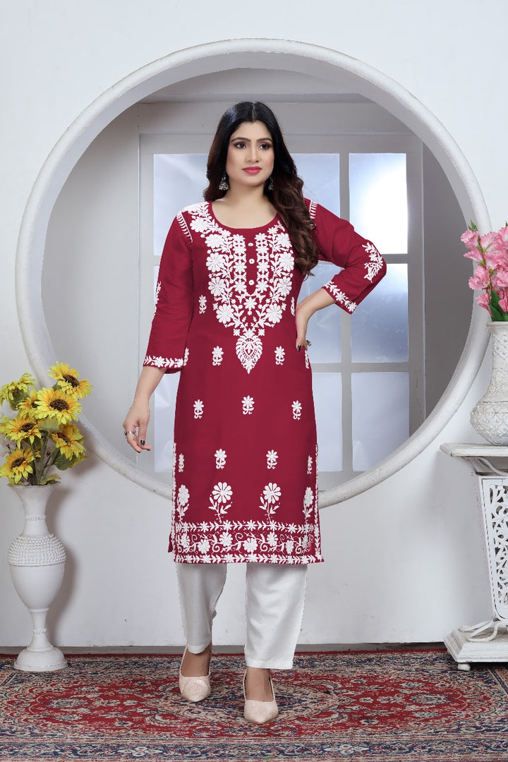 Sui Dhaga Chikankari Elegance Kurti Pant Set Maroon