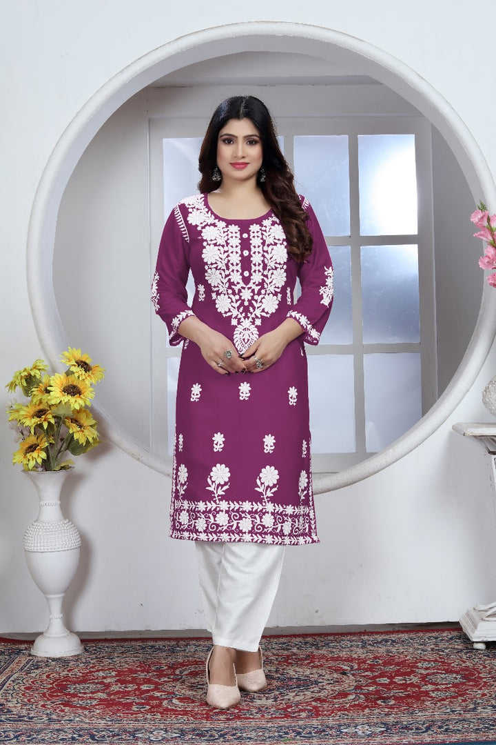 Sui Dhaga Chikankari Elegance Kurti Pant Set Purple