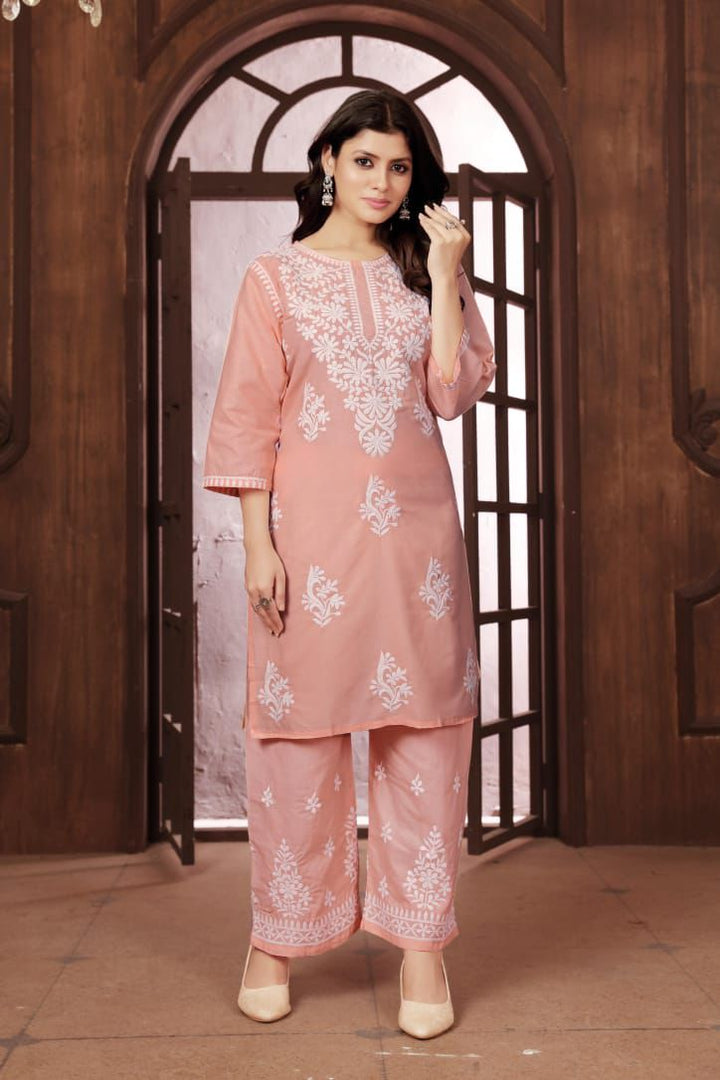 Sui Dhaga Vol-2 Chikankari Cotton Kurti Plazoo Set Peach