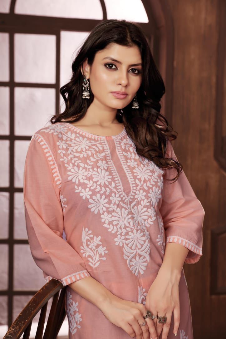 Sui Dhaga Vol-2 Chikankari Cotton Kurti Plazoo Set Peach