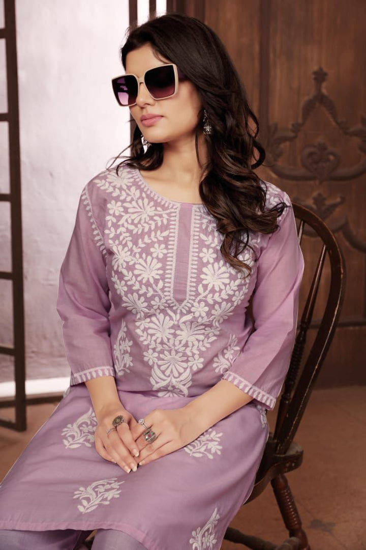 Sui Dhaga Vol-2 Chikankari Cotton Kurti Plazoo Set Levander