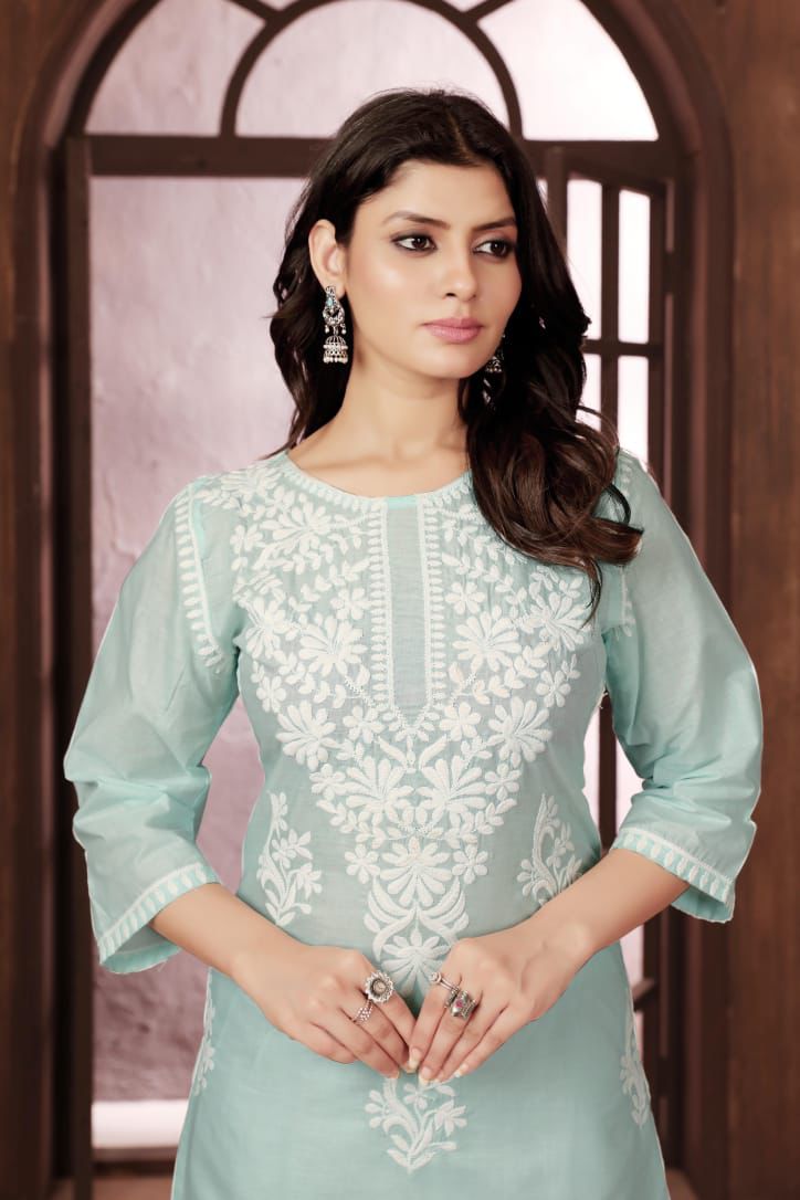 Sui Dhaga Vol-2 Chikankari Cotton Kurti Plazoo Set Sea Green