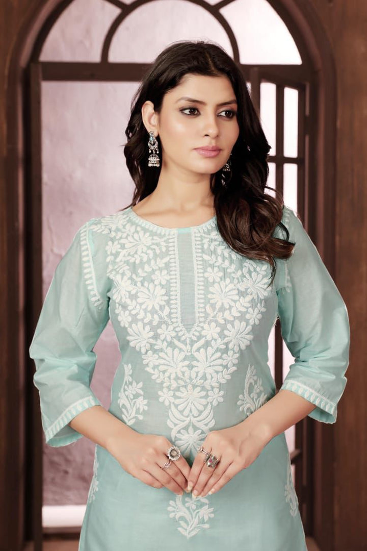 Sui Dhaga Vol-2 Chikankari Cotton Kurti Plazoo Set Sea Green