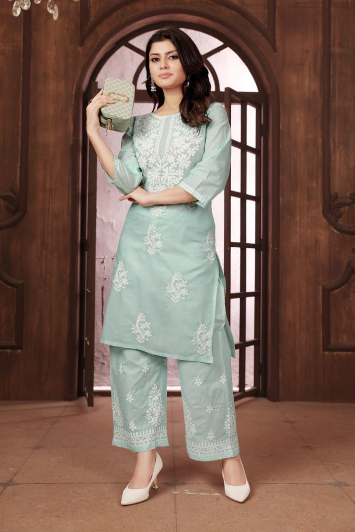 Sui Dhaga Vol-2 Chikankari Cotton Kurti Plazoo Set Sea Green