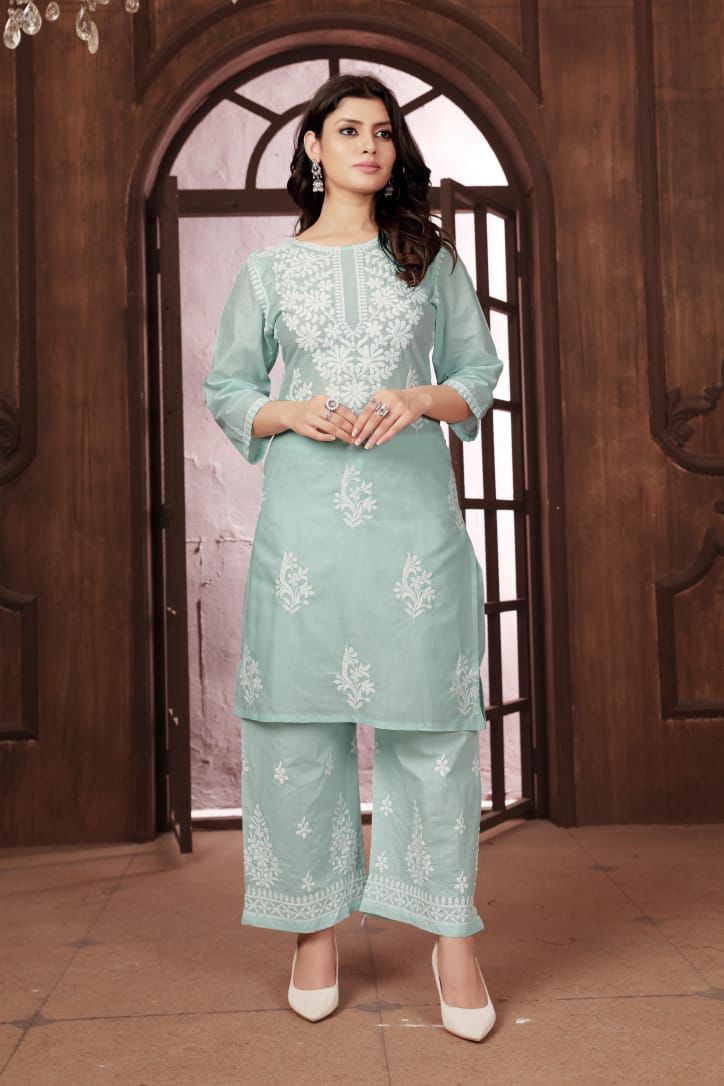 Sui Dhaga Vol-2 Chikankari Cotton Kurti Plazoo Set Sea Green