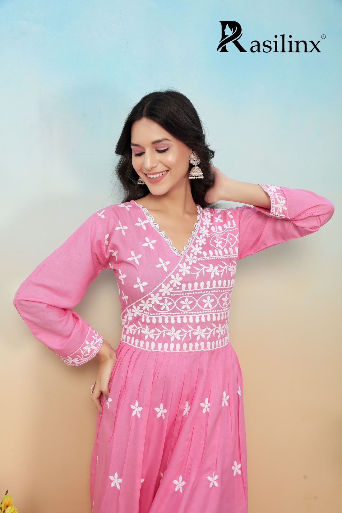 Sui Dhaga Vol-4 Chikankari Rayon Gown Pant Set Pink