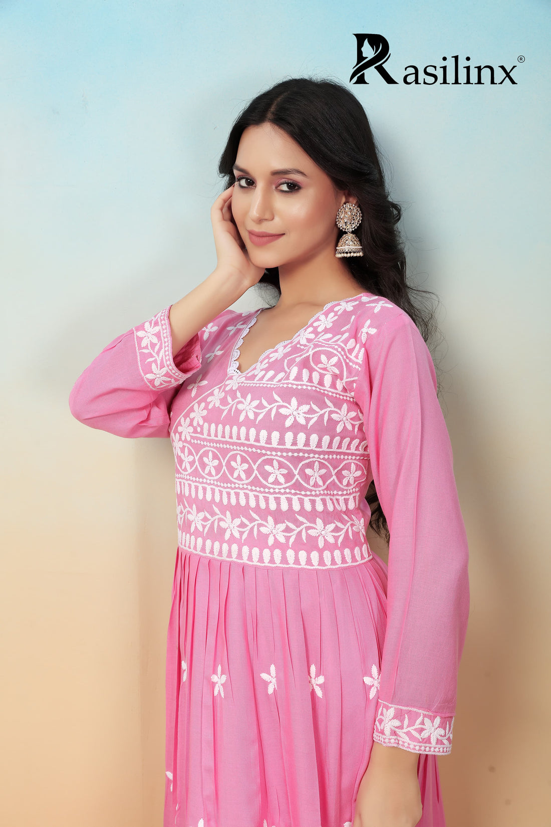 Sui Dhaga Vol-4 Chikankari Rayon Gown Pant Set Pink