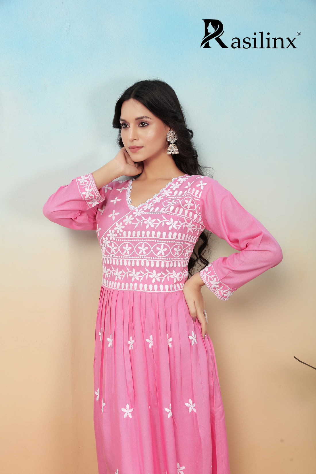 Sui Dhaga Vol-4 Chikankari Rayon Gown Pant Set Pink