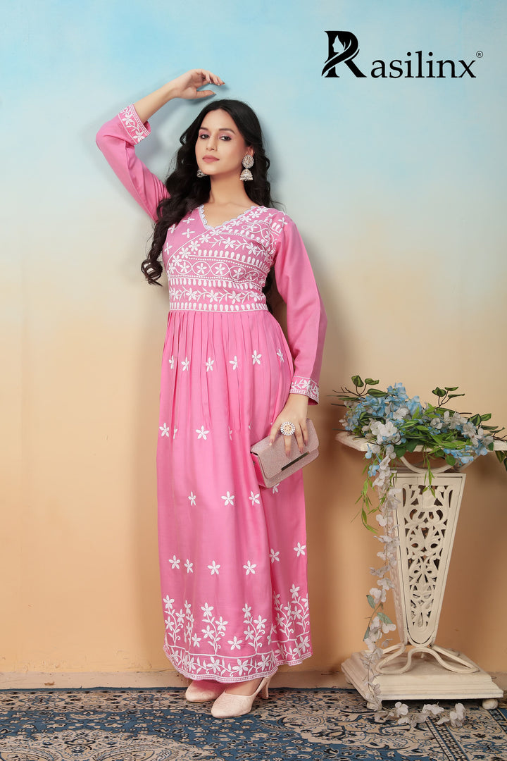 Sui Dhaga Vol-4 Chikankari Rayon Gown Pant Set Pink