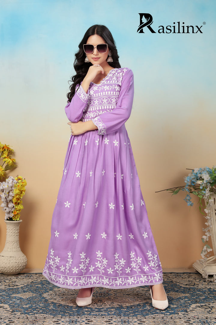 Sui Dhaga Vol-4 Chikankari Rayon Gown Pant Set Levander