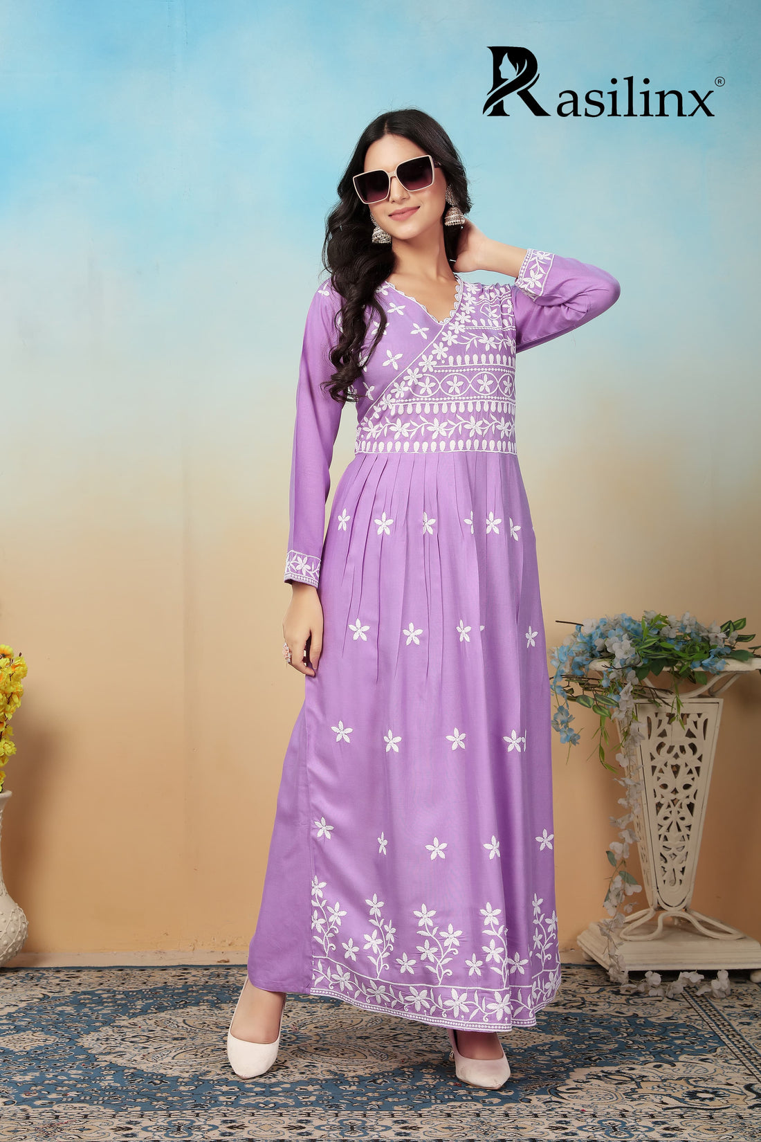 Sui Dhaga Vol-4 Chikankari Rayon Gown Pant Set Levander