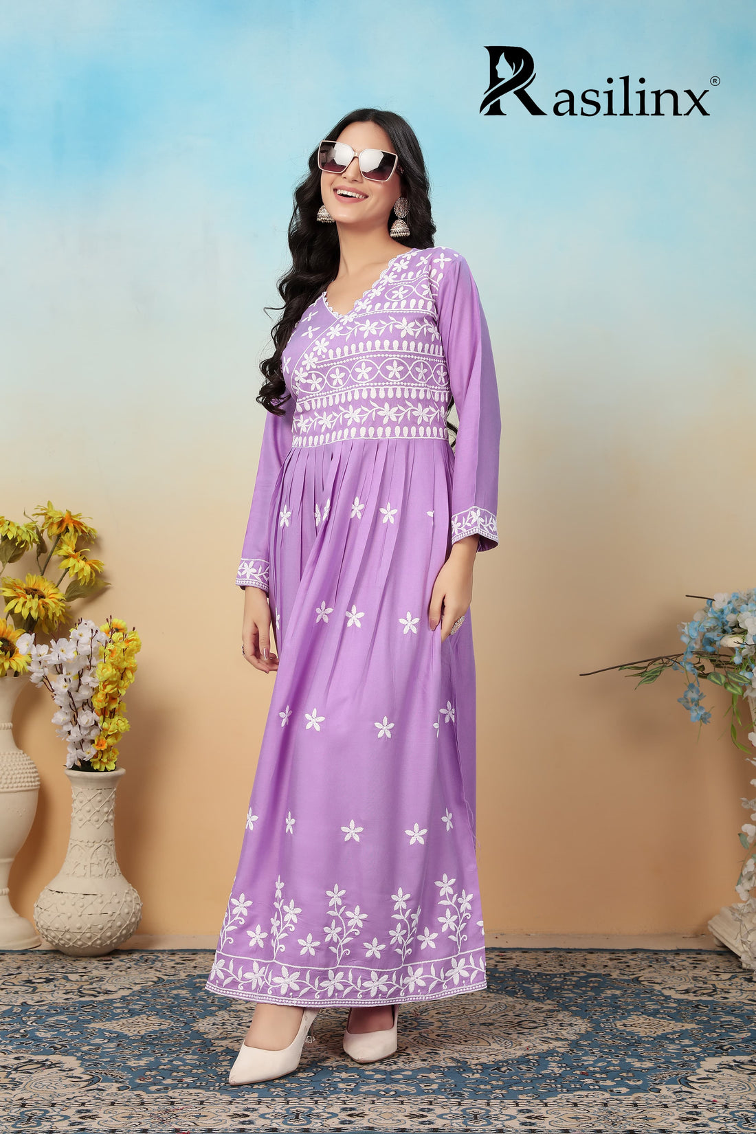 Sui Dhaga Vol-4 Chikankari Rayon Gown Pant Set Levander