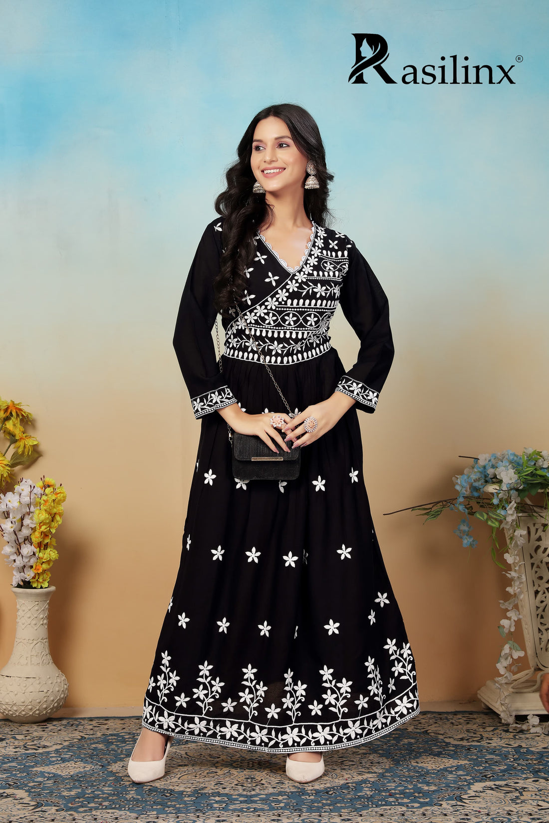 Sui Dhaga Vol-4 Chikankari Rayon Gown Pant Set Black