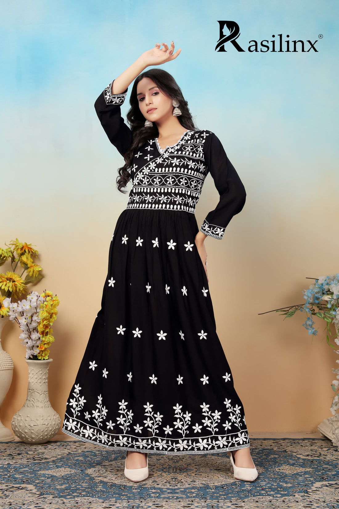 Sui Dhaga Vol-4 Chikankari Rayon Gown Pant Set Black