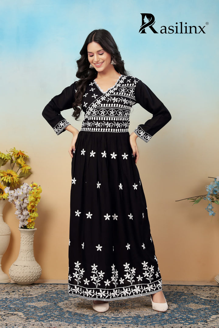 Sui Dhaga Vol-4 Chikankari Rayon Gown Pant Set Black