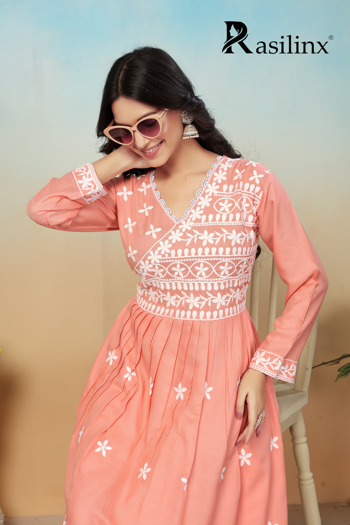 Sui Dhaga Vol-4 Chikankari Rayon Gown Pant Set Peach