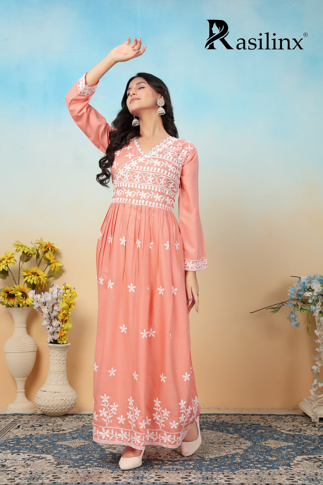 Sui Dhaga Vol-4 Chikankari Rayon Gown Pant Set Peach
