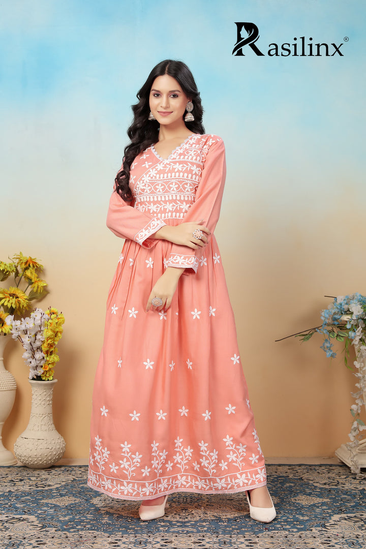 Sui Dhaga Vol-4 Chikankari Rayon Gown Pant Set Peach