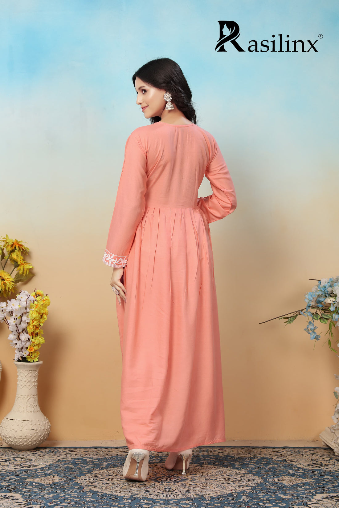 Sui Dhaga Vol-4 Chikankari Rayon Gown Pant Set Peach