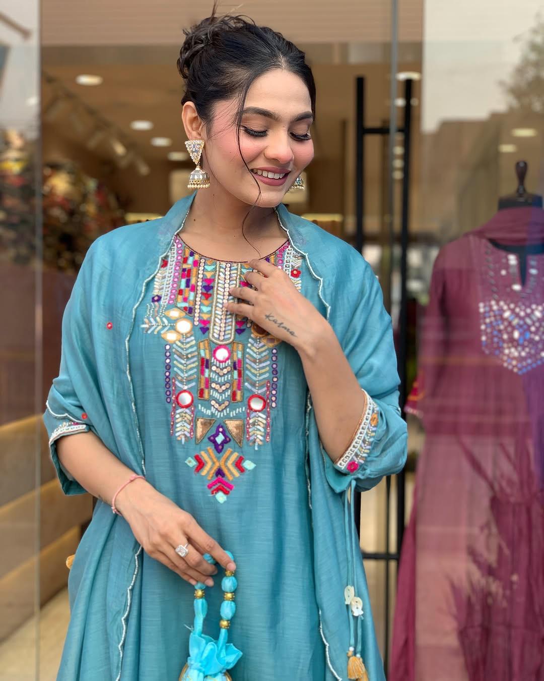 X-Lady- Sky Blue Floral Embroidery Work With Mirror Work Chanderi Blend Straight Salwar Suit