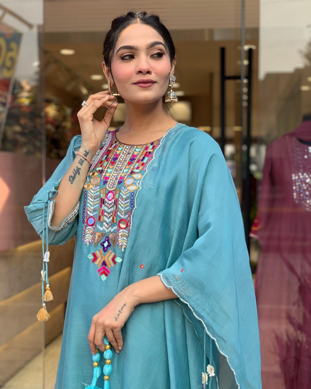 X-Lady- Sky Blue Floral Embroidery Work With Mirror Work Chanderi Blend Straight Salwar Suit